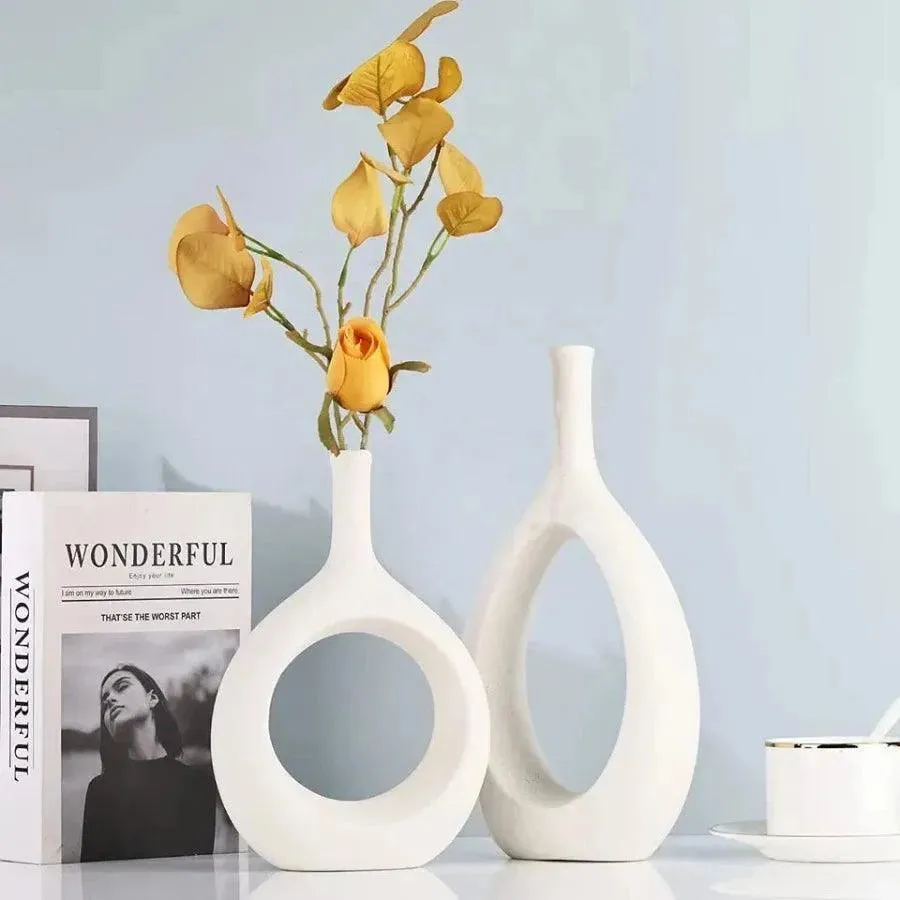 Wooden Twist Modern Oval  White Home Decor Ceramic Decorative Vase for Flowers Set of 2